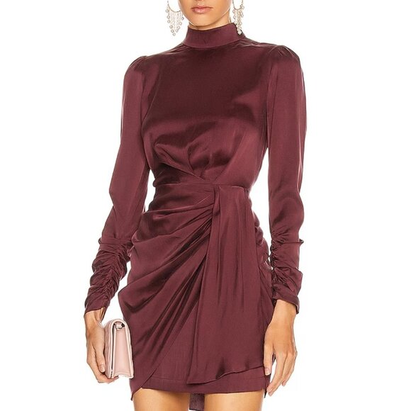 zimmermann burgundy wrap dress Wedtrend Women Burgundy Bridesmaid Dress with Slit Mermaid V Neck Ruched  High-Low Long Satin Wedding G – WEDTREND main image 1